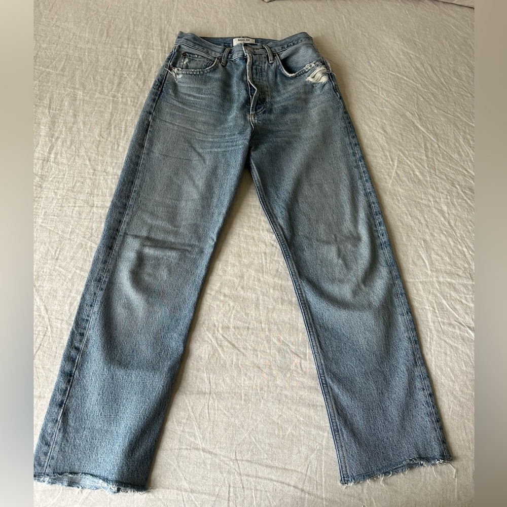 Blue Straight Leg Jeans with Frayed Hem